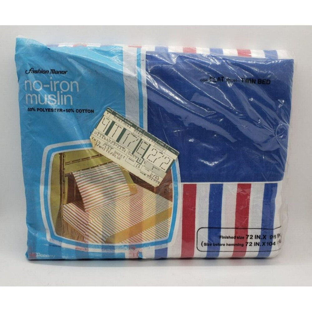 Vtg Red White Blue Stripe Twin Flat Sheet, Fashion Manor, Muslin, JC Penney NEW